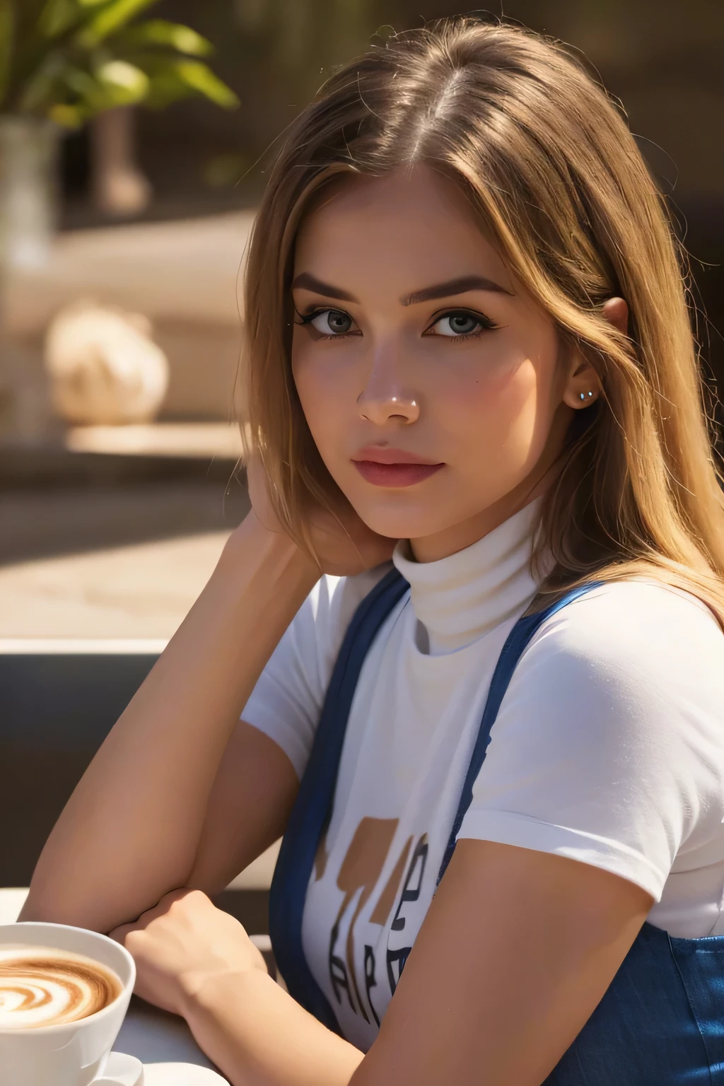 Photograph of European girl with long blonde hair, beautiful detailed eyes, beautiful detailed lips, extremely detailed face and body, athletic physique, wearing a White high neck t-shirt, and Blue jeans,. Sitting in a cafe with Croissant and Latte, Posing for photograph (best quality,4k,8k,highres,masterpiece:1.2),ultra-detailed,(realistic,photorealistic,photo-realistic:1.37),portrait,fashion photography,warm lighting,vibrant colors,natural skin tones
