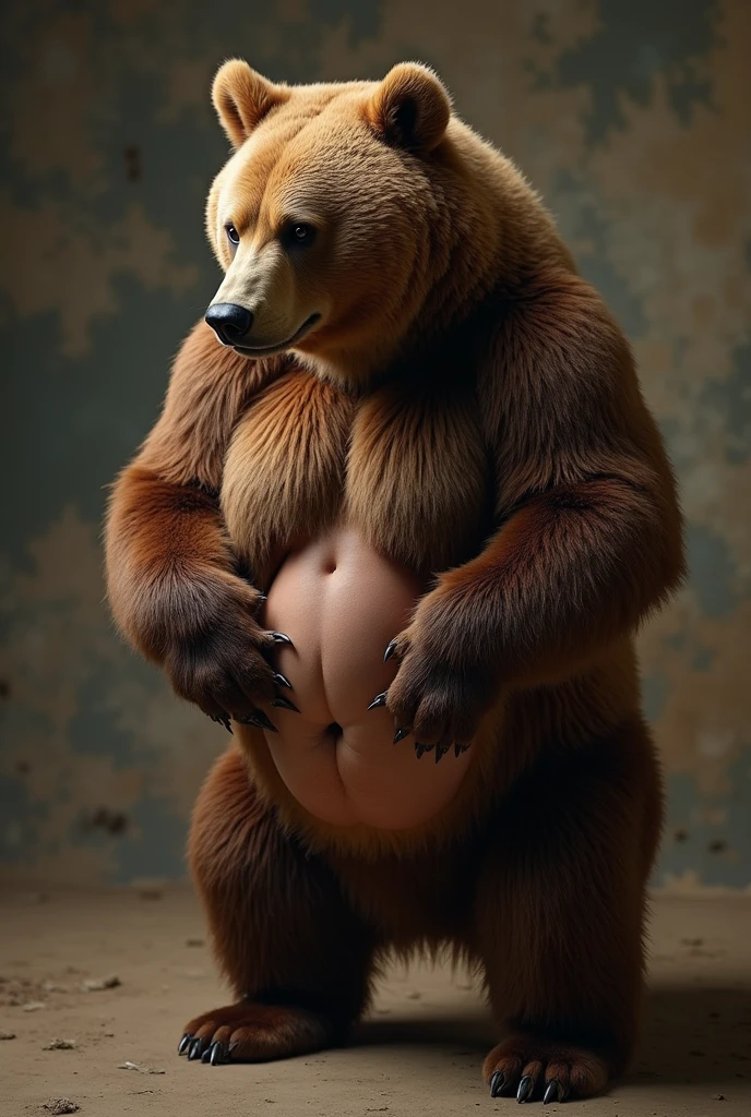 Large massive gigantic stuffed animal giant sloth monster carries pregnant topless beautiful bikini young teen girl in his arms embrace sitting on his lap cuddling