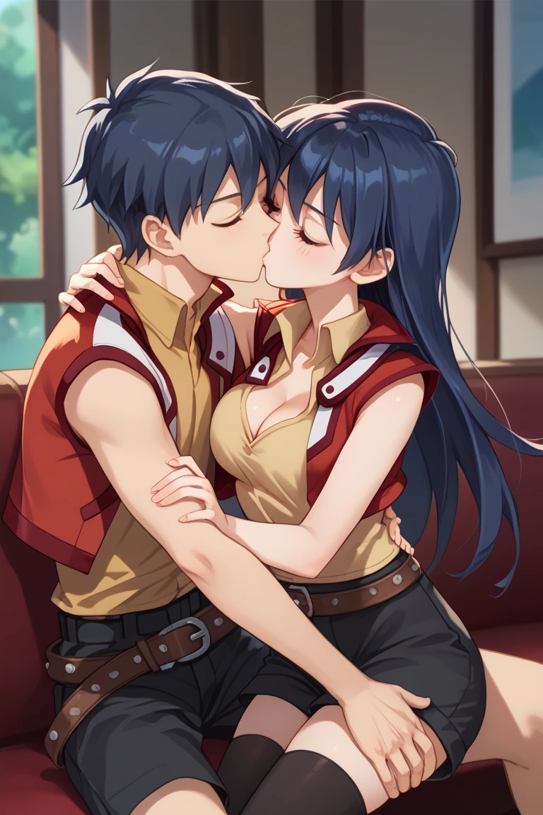 Saotome Rei, anime screencap,
aarei, long hair, blue hair, brown eyes, collared shirt, yellow shirt, red jacket, sleeveless, belt, black shorts, black thighhighs, medium breasts,  cleavage, medium breasts, cleavage, indoor,hotel,cowboy shot, blushing, incoming kiss, closed eyes, colarbone, 1boy, 1girl, kiss, couple, hetero male with black hair, hugging, sitting on lap, breast grab