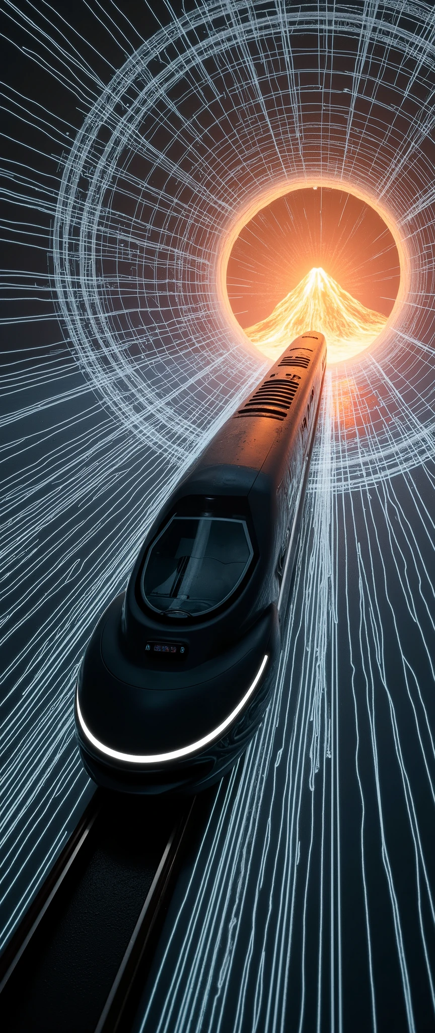 (masterpiece:1.2, Outstanding quality ,Mirror finish, Cinematic Experience, Best Illustration , super detailed),8k,16k,A train that transcends time and space,(A black linear motor car that sails in time and space :2.0),(SF:2.0),(Express super speed of light with beautiful white lines :2.0),( motion blur:2.0),(The background is a large lattice-patterned wormhole drawn with white lines :2.0),(Draw a cyberpunk city with skyscrapers at the entrance to a huge, abstract wormhole:2.0),( dynamic:2.0)