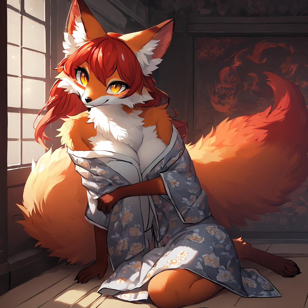 by fluff-kevlar, by ouka, by Kilinah, (((woman, breasts, antrum, extremely detailed, extremely detailed legs, extremely detailed arms, extremely detailed face, perfectly detailed eyes, perfectly detailed anatomy))): 1.2, beautiful and detailed portrait of an anthropomorphic vixen ((female))), anthro, female, red fox, high definition, good anatomy, orange fur, orange body, simple background, highly detailed face, deep yellow iris, yellow eyes, short hair, red hair, long hair, speech bubble, heart, hearts, dark lighting, moody lighting, full body, sexy body, slanky body, sexy face, nice, hot, cute, pawpads, paws, showing feet, presenting paws, lying on bed, bed, pillow, indoors, blushing, friendly smile, smile, friendly, elegant, dark, mysterious, alluring, beautiful, thigh highs, yukata