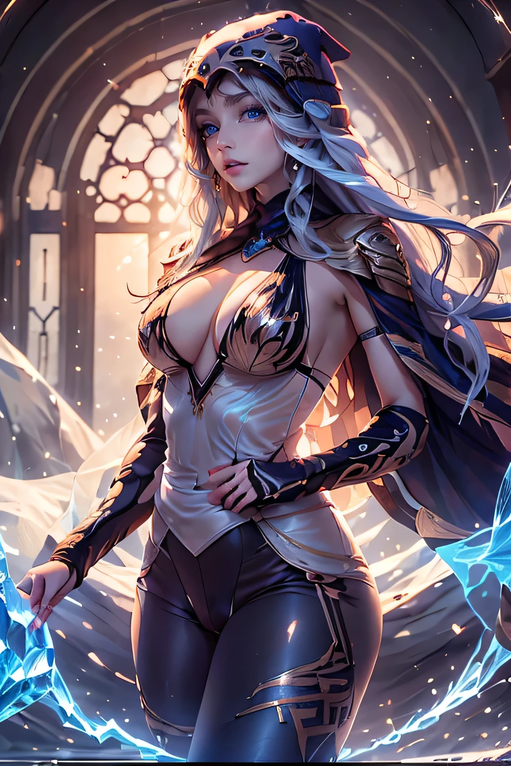 Ash,White hair카락,cunt, bow holding, holding bow,한손으로 활 다른손으로 chest을 잡음, camel toe을 보여주는, leggings,clear eyes, clear eyes,Blue eyes,hood,upper body,pper body,A seductive smile,seashore,chest, Long hair, Looking at the viewer, dehisce., Blue eyes, High resolution, masterpiece, High quality, Very detailed, Blonde, White hair, White hair, 큰 chest, profile, whole body, whole body , Thigh, 매혹의 Thigh, fallen, Defeated ,lay down fallen 앵글, leggings, tights, tights 착용, camel toe