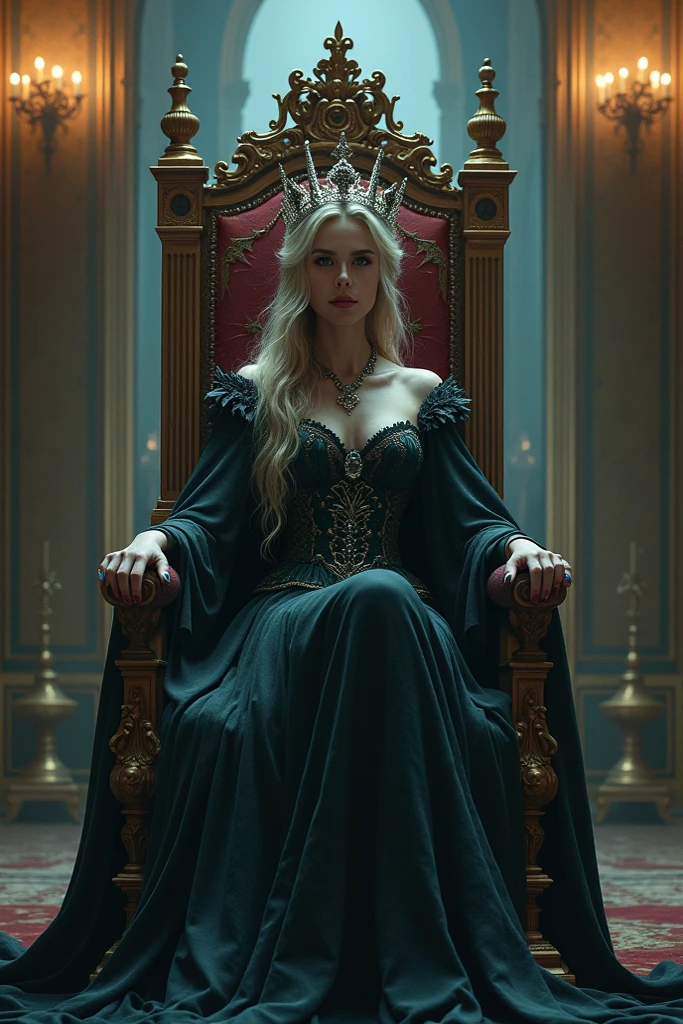 RAW Photos,black light, hair blonde, blonde, mulher blonde, dark surroundings, Dark masterpiece, mulher fair brown-skinned, SITTING ON A THRONE, throne with thorns, black roses, woman in black dress, posing photo, long hair, hair blonde, black witchcraft, red geometric shiny background, full body size, Eastern fantasy theme, Eyes red, underworld, cold stare, Dark clothes, long and tight, fair brown-skinned, color classification, dark illustration, extreme quality, Radiant, extremely detaild, Face ultra detailed, ultra hd 8k, ultradigitality, mythical, black lightning, Conceital Art Portrait of Greg Rutkowski, artgerm, hyperdetailed, intricately detailed Gothic art, dark gothic fantasy style, triadic colors, Fantastic, intricate-detail, opening screen, colors complementary, fantasy concept art, 8K resolution, masterpiece of gothic deviantart, Heavy strokes, soft lighting, Surrealism