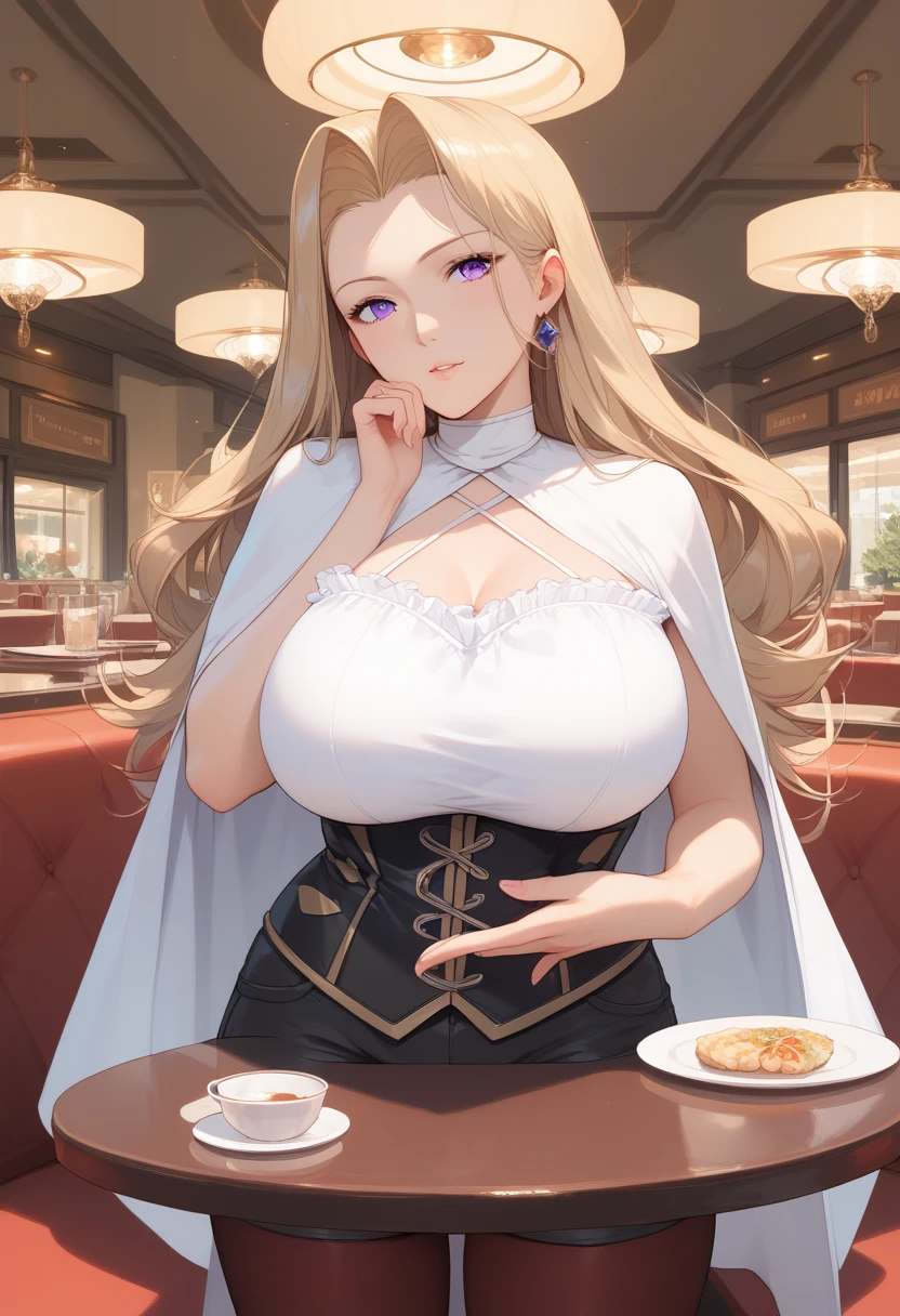 ((((MASTERPIECE)))), best quality, 2 girl, solo,Huge breasts,large ass,Sousou No Frieren,methode, purple eyes, hair intakes, long hair,corset, pantyhose, cape, black shorts,Beautiful attention to detail:1.2, (perfect hand, perfect anatomy), super detailed, beautiful face,restaurant,bitch,rest own chin on own hand