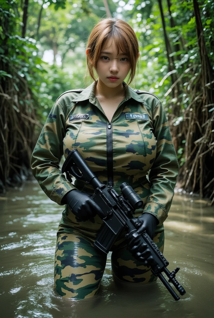 In this intense movie scene, a blonde-haired, korean beautiful girl soldier stands knee-deep in murky jungle water, her camouflage uniform blending seamlessly with the surroundings. Without a helmet, her piercing gaze seems to bore into the viewer as she holds her gun at the ready. The lush green foliage and tangled vines create a sense of claustrophobia, emphasizing her vulnerability amidst the treacherous terrain, Film, huge Breasts,