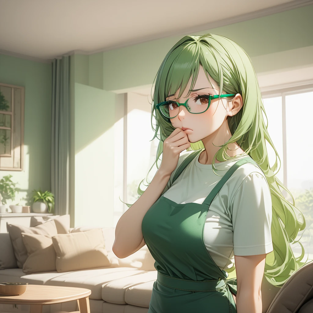 (green-frame eyewear:1.3), embarrassed, hand on own mouth, Beautiful mature housewife, brown eyes, half closed eyes, (green hair:1.3), swept bangs, very long hair, tight shirt, skinny jeans, apron, large chest, cowboy shot, living, couch, throw, Atmospheric Perspective, 8k, super detailed