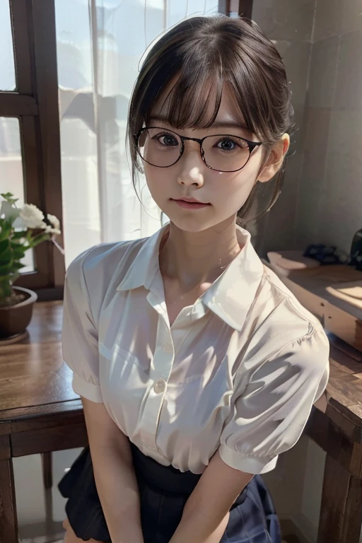 (( best quality)), ((傑 best quality、masterpiece、High sensitivity、 high definition 、 Details、 Delicate Facial Description)), Slender woman、Glasses、round-collared shirt、 micro miniskirt、Crouched down、