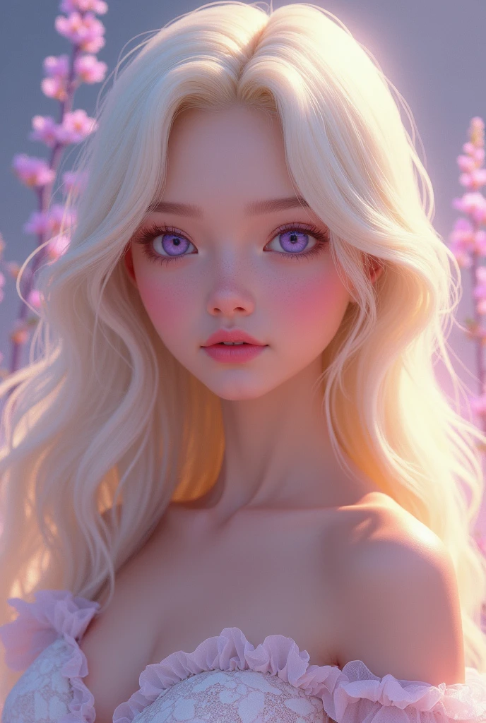 *Mahiane Xehietyz (Noemie)*
*Appearance*: extremely white, perfect skin like glass, violet eyes, full lips pinkish hue, delicate heart shaped, weight 37 kg, too skinny with curves, height 1,35 m very small, almost non-existent breasts, pinkish nipples.
*body hair*: Very Light Blonde, may appear white or an extremely pale blonde, almost pearly, subtle and natural shine. her hair is extremely full, wavy, voluminous, very voluminous and very full, the length below the cheeks*gives a very full and voluminous length of hair in the pulp of the bu*The volume of her hair was insane, it was so full and voluminous that it looked like she had several hair extensions., The hair strands are thick and very full in length and have an enviable volume, lots of baby hair falling down the nape of the neck and forehead and just around the cheeks on the sides, feminine sideburns.
Genetic condition: Ocular and Cutaneous Albinism.