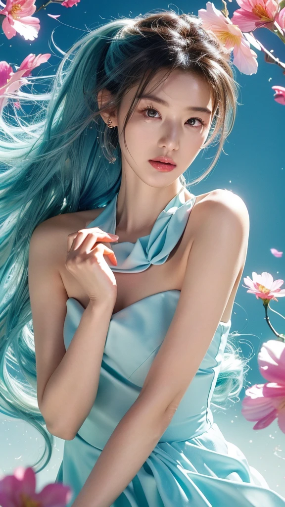 (masterpiece), (best quality), (ultra detailed),(disheed hair),(illustration), (1girl), (Fashionable clothing), standing, Fashion model, looking at viewer, (interview), (simple background), Beautiful detailed eyes, delicate beauty, floating, (high saturation), (colorful splash), colorful bubbles, (shine), focus on the face, ponytail, Ayaka Kamisato, light blue hair, bangs, scrunchies, floating flowers, flowing hair, (shiny), best lighting, best shadows, perfect hands