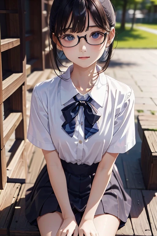 (( best quality)), ((傑 best quality、masterpiece、High sensitivity、 high definition 、 Details、 Delicate Facial Description)), Slender woman、Glasses、round-collared shirt、 micro miniskirt、Crouched down、