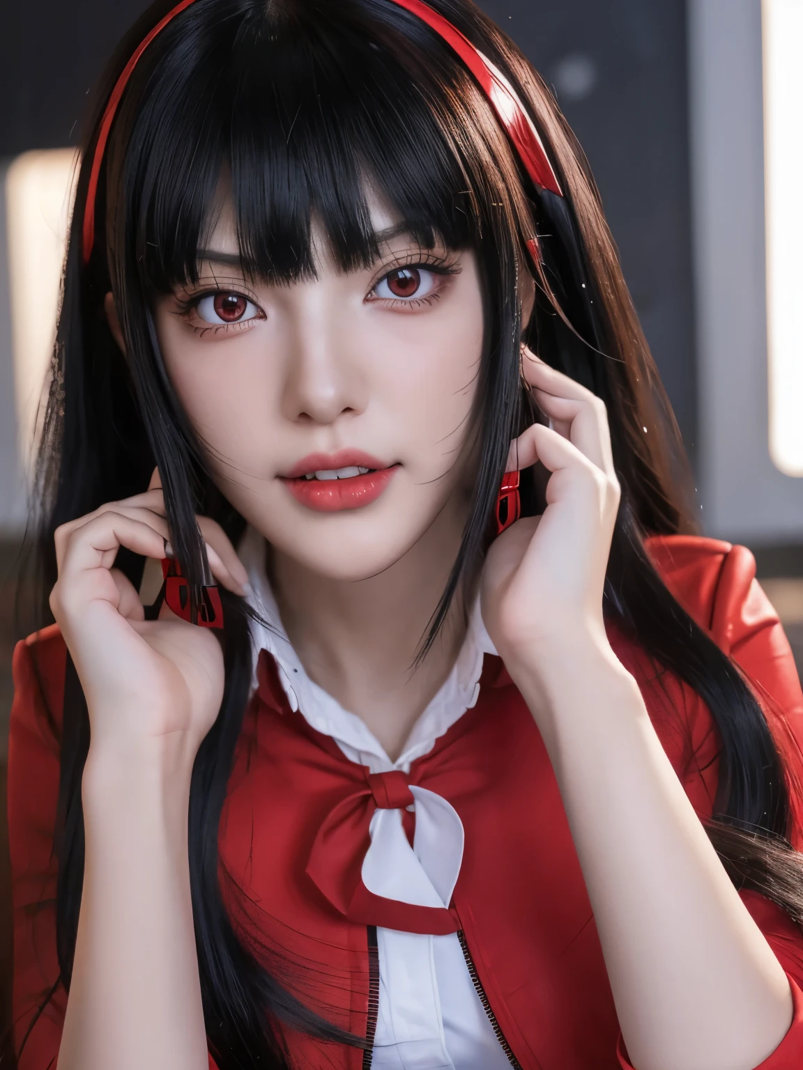 zzang-6500-v1.1,(original photo:1.2),(realistic:1.4),beautiful detailed girl,very detailed eyes and face,beautiful detail eyes,ridiculous,incredibly ridiculous,super detailed,high resolution,very detailed,best quality,masterpiece,illustration,very detailed,CG,unified,8k wallpaper,amazing,fine detail,masterpiece,best quality,face light,movie lights,1 girl, (((kakegurui yumeko))),long hair, blunt bangs, red eyes, school uniform, red jacket, pantyhose, white shirt, black ribbon, pleated skirt, classroom background, cowboy shot, ((dynamic pose)) show vagina, show nipples, spread legs. dynamic pose.