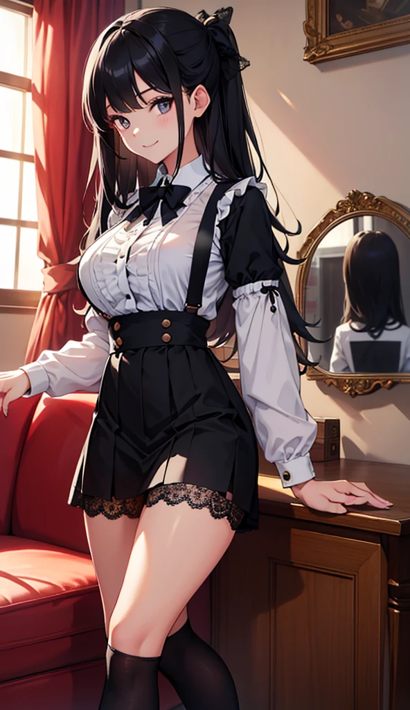 A beautiful girl is standing in the living room,25 years old,Creepy Smile,huge breasts, black hair, wearing a kawaii fashion outfit, outfit features a white blouse with black lace trim and a large bow at the collar, The blouse is paired with a black high-waisted skirt with lace-up details, The person is also wearing black knee-high socks with lace tops, The overall look is cute and elegant,