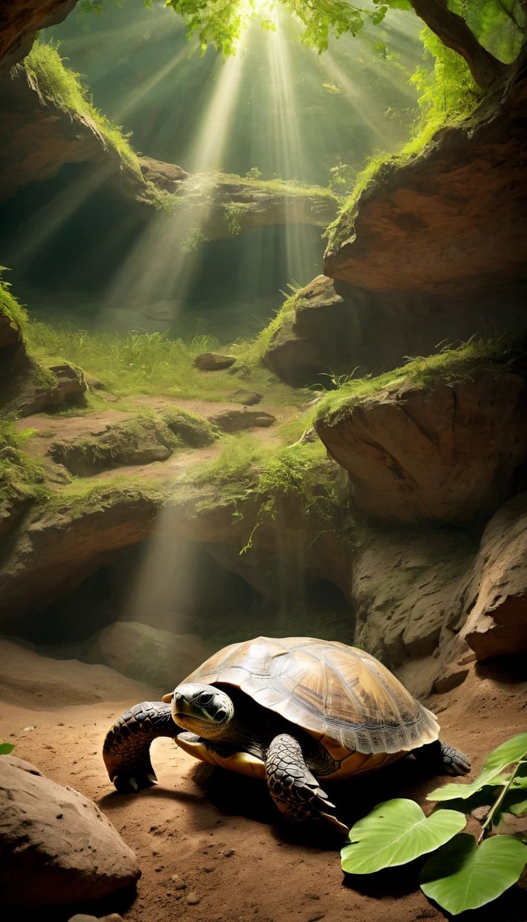 (((  surrenders ))) photograph,( super detailed face),((light)),A serene yet captivating depiction of a land turtle slowly making its way toward the entrance of a mysterious cave. The turtle's sturdy shell, adorned with earthy tones of brown and green, reflects its age and resilience, with small scratches and patterns telling a story of its journey. Its determined eyes gaze forward as its clawed feet leave soft impressions in the dusty ground. The cave entrance looms ahead, shrouded in shadow, its edges surrounded by jagged rocks and creeping vines. Subtle rays of sunlight filter through the trees above, casting a dappled glow over the scene and creating a striking contrast between the brightness of the outside world and the foreboding darkness of the cave. The atmosphere is imbued with a sense of quiet determination and natural wonder, as the turtle ventures into the unknown