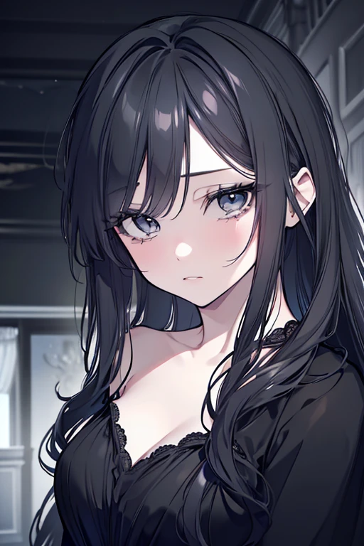 (Ahegao) Anime girl with black hair and blue eyes in a room.............., Anime visual de una mujer joven, shalltear from overlord, Hanayamata, Anime visual de una chica linda, seductora chica de anime, Anime Moe Artstyle, 8k!!, 8k!, Retrato de anime de Shiina Ringo, official anime still, Escena de noire moody, Hana Yata (Ahegao)