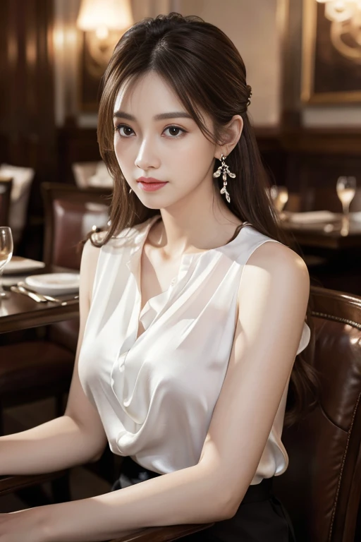 masterpiece, Highest quality, Realistic, Very detailed, Finer details, High resolution, 8k wallpaper, One beautiful woman, Wear an elegant white silk shirt, In a great restaurant, At night, Light brown messy hair, Perfect dynamic composition, Beautiful and beautiful eyes、Big earrings、Sitting in a chair、Sleeveless shirt、
