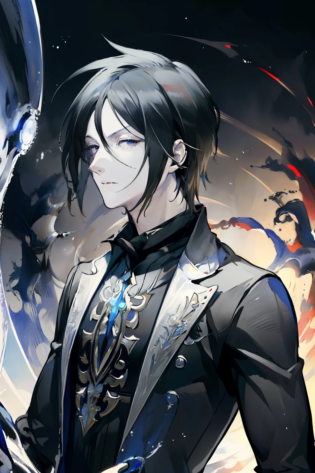 ((ultra-detailed , masterpiece, 4k)) mature man, anime, half-body portrait, serious face, black hair, fantasy-style clothing, priest, night background