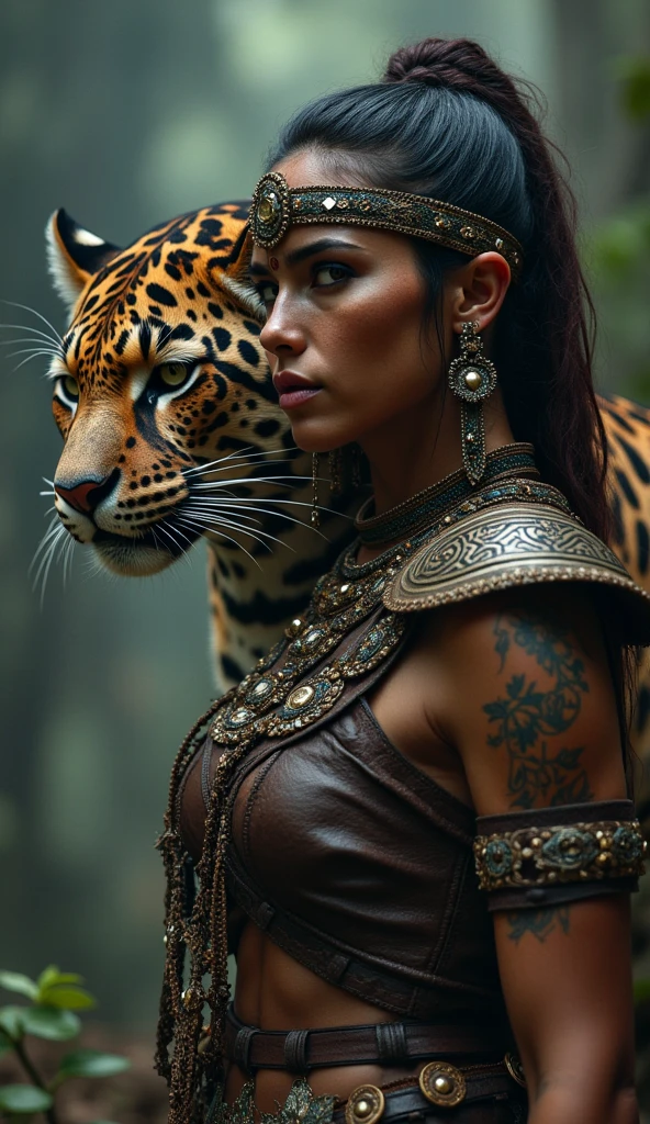 a powerful and imposing warrior woman standing beside a warrior jaguar representing Brazil, detailed portrait, highly detailed facial features, cinematic lighting, dramatic shadows, muted color palette, concept art, digital painting, photorealistic, 8k, best quality, masterpiece