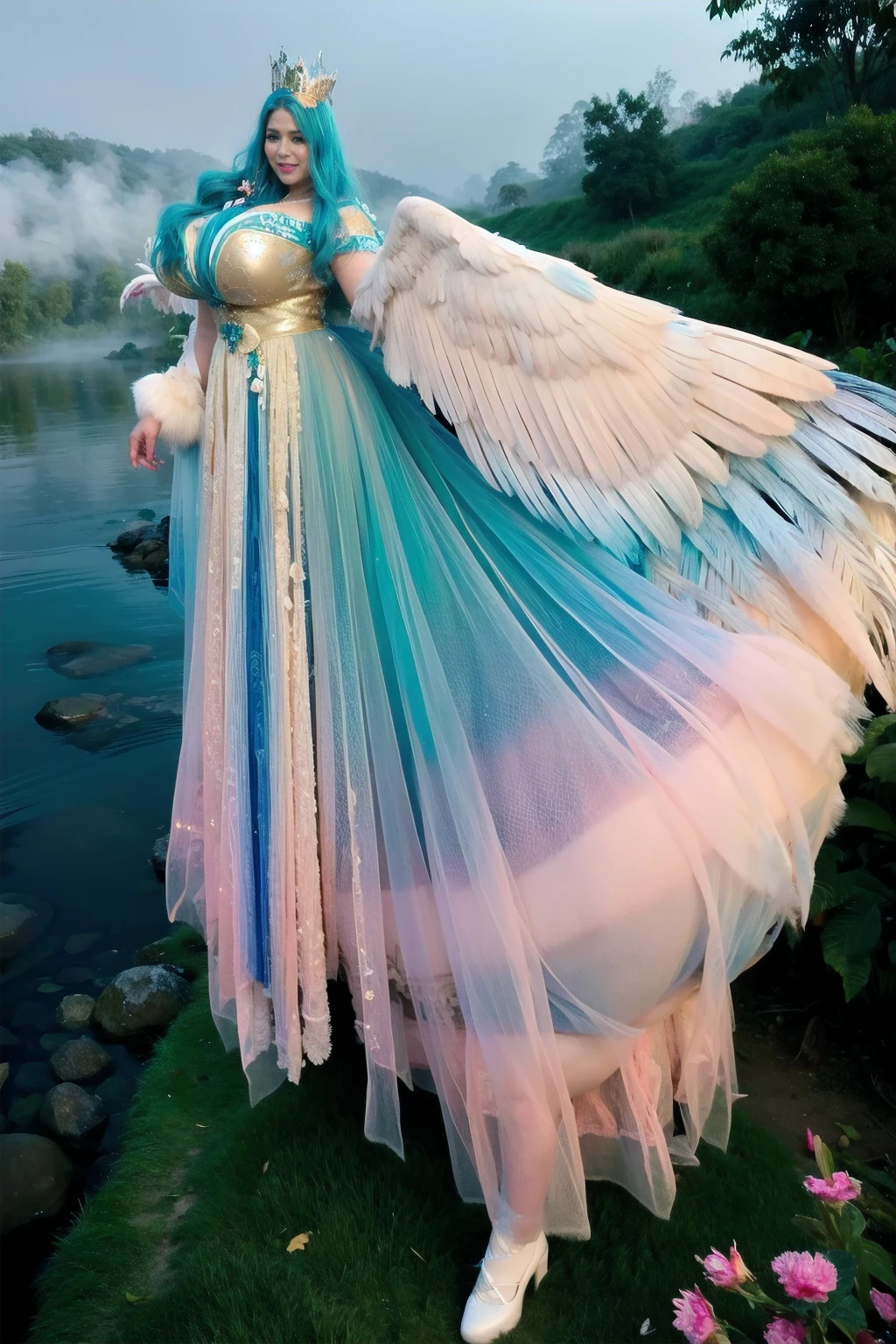 (Horible horror beauty)beautiful big wings on back shoulder,Middle-aged French tall and thick woman in misty fog forests river with beautiful big long wings, real natural big wing on back shoulder，forest freshwater river deep forest scenary, forest full with den fog and smoke, Indian background,gorgeous very tall and big woman,French faces, smiling and jumping,, beautiful diamond crown, realistic crown,Delicatemakeup，curvesious body tall and thick woman,Sexy and feminine，grin，Wrinkles at the corners of the eyes，with long braided hair, white and blue frock，loose skin，Large sagging breasts，Towering breasts，Thin waist with wide hips，White pearl Necklace,White heels，Tall and tall，Stand up，Open posture, beautiful real big wings , unknown jungle forest full with fog and smoke, beautiful flowing fresh river water on background(area full with fog and darkness) horrible, horror