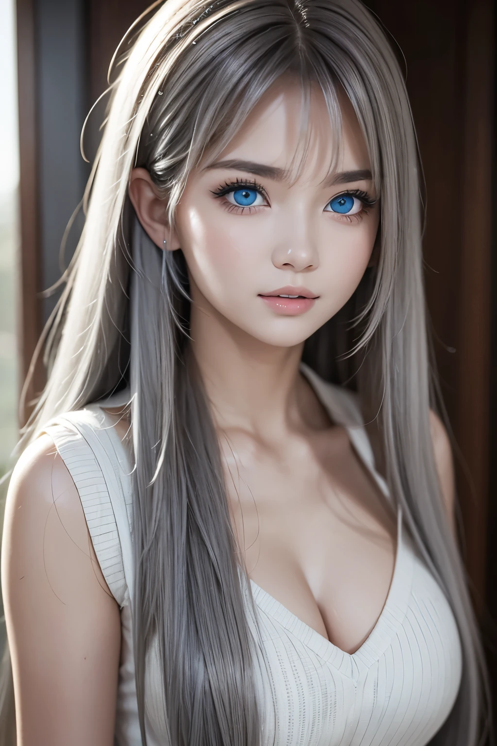 Shining, clear, white skin、Her windblown silver hair hides her beautiful face.、huge、Sexy beautiful face of 28 years old、Beautiful straight hair that stands out、growing up, Sparkling light blue eyes、Sexy long silky bangs covering the eyes, Sexy young woman with super long hair hiding her sexy face、Shining silver hair、(((Sexy Woman)))、The cleavage is visible
