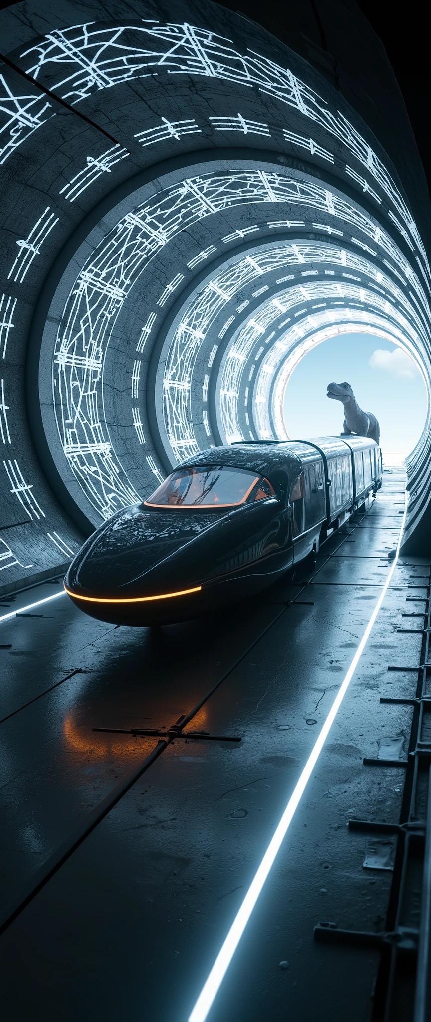 (masterpiece:1.2, Outstanding quality ,Mirror finish, Cinematic Experience, Best Illustration , super detailed),8k,16k,A train that transcends time and space,(A black linear motor car that sails in time and space :2.0),(SF:2.0),(Express super speed of light with beautiful white lines :2.0),( motion blur:2.0),(The background is a large lattice-patterned wormhole drawn with white lines :2.0),(Draw a cyberpunk city with skyscrapers at the entrance to a huge, abstract wormhole:2.0),( dynamic:2.0)