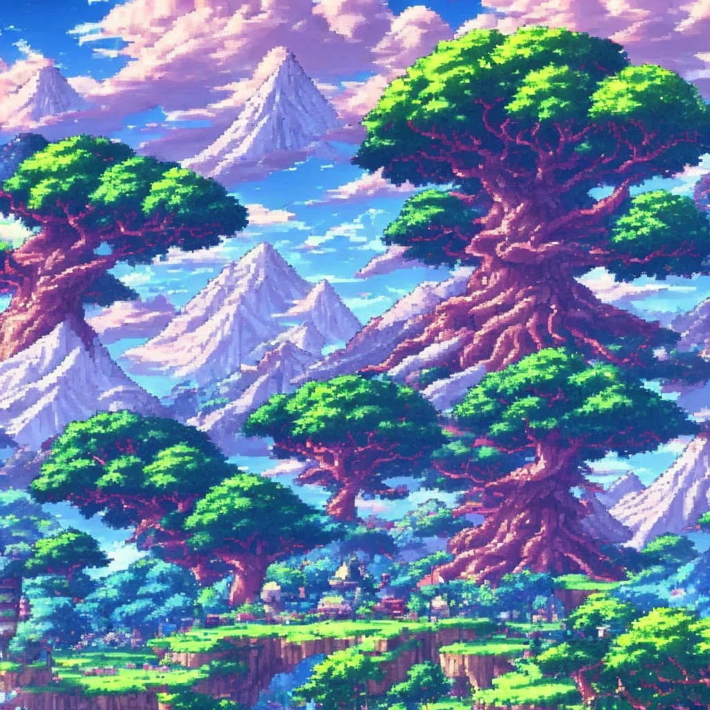 A beautiful anime landscape "secret of mana" style, with a giant magical tree in the middle and a giant landscape around full of animals and birds, with ancient moutains in the back