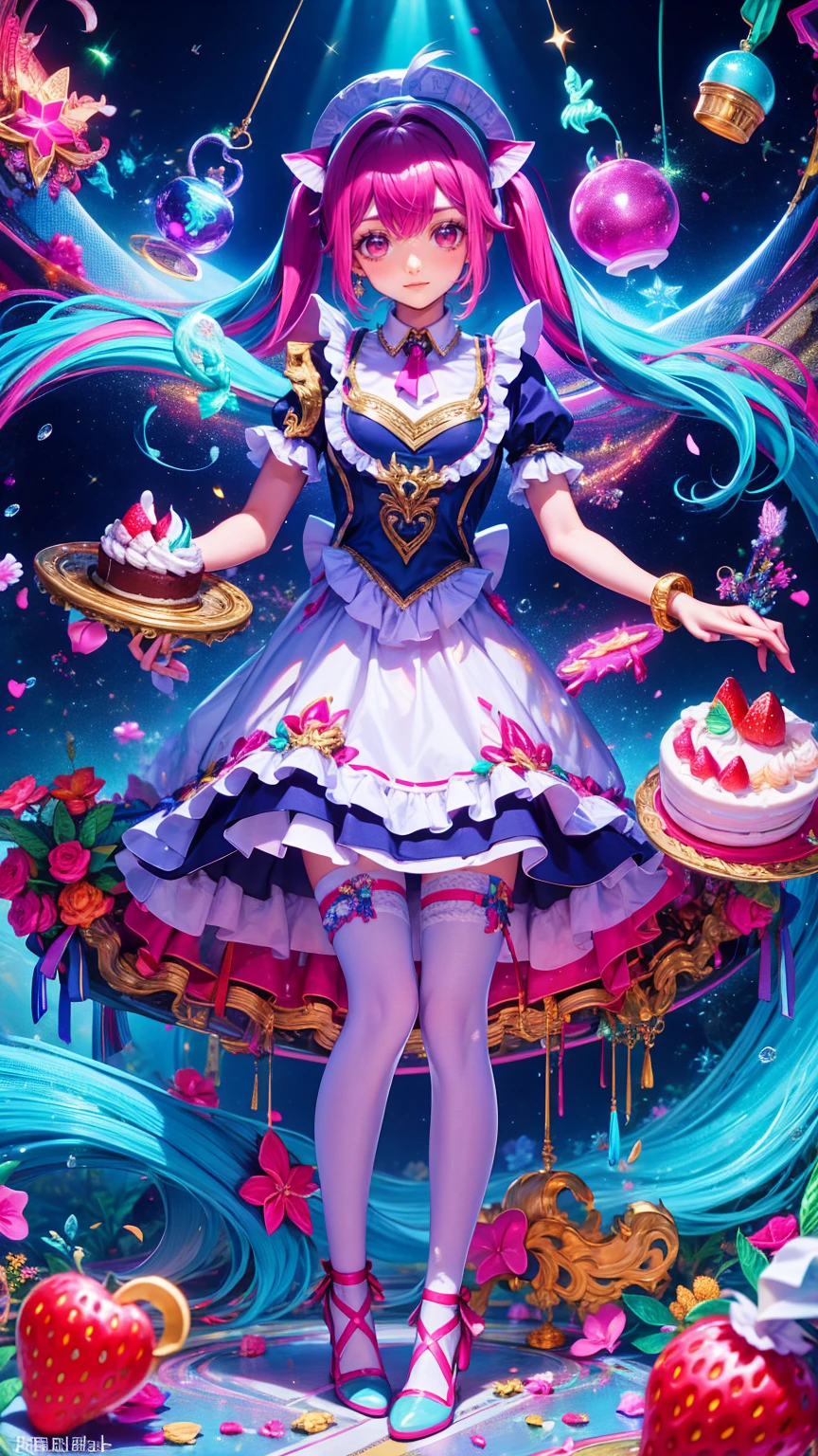  beautiful detailed fashion magazine style ,  Pink Hair girl wearing pastel decora fashion,  Exquisite Illustrations ,  ice cream, sweets, Sparkle, Rainbow, Particles of light,  cake, strawberry, fruit,  dynamic angle, Pink Theme,  Pink Hair,  twin tails,  shiny, Shiny clothes, ****Fashion, frills, smile, 8k,砂糖漬けの甘いsweetsや菓子を、 displayed in fun still lifes .  embody Anne Leibovitz's spirit , The image is、 wrapped in a cozy space emphasizes a luxurious dessert table full of sugar candy.  lens size is set to 85mm 、Vivid,  palatable colors .  brilliant expressions of fun and sweet joy 、sweetsを楽しむ人々の顔に灯る. warm,  natural light on the scene ,  Festive Atmosphere . 