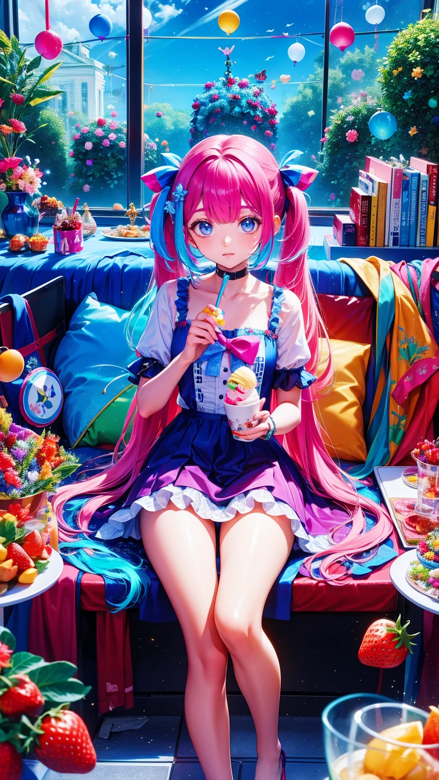  beautiful detailed fashion magazine style , Pink Hair girl wearing pastel decora fashion,  Exquisite Illustrations ,  ice cream, sweets, Sparkle, Rainbow, Particles of light,  cake, strawberry, fruit,  dynamic angle, Pink Theme, Pink Hair,  twin tails,  shiny, Shiny clothes, ****Fashion, frills, smile, 8k,砂糖漬けの甘いsweetsや菓子を、 displayed in fun still lifes .  embody Anne Leibovitz's spirit , The image is、 emphasizes a gorgeous dessert table full of sugar candy.  lens size is set to 85mm 、Vivid,  palatable colors .  brilliant expressions of fun and sweet joy 、sweetsを楽しむ人々The light on the face of . warm,  natural light on the scene ,  Festive Atmosphere .
