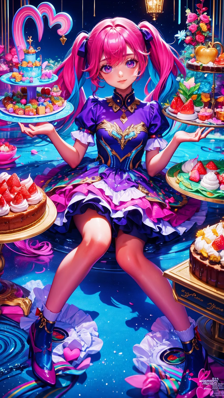  beautiful detailed fashion magazine style , Pink Hair girl wearing pastel decora fashion,  Exquisite Illustrations ,  ice cream, sweets, Sparkle, Rainbow, Particles of light,  cake, strawberry, fruit,  dynamic angle, Pink Theme, Pink Hair,  twin tails,  shiny, Shiny clothes, ****Fashion, frills, smile, 8k,砂糖漬けの甘いsweetsや菓子を、 displayed in fun still lifes .  embody Anne Leibovitz's spirit , The image is、 wrapped in a cozy space emphasizes a luxurious dessert table full of sugar candy.  lens size is set to 85mm 、Vivid,  palatable colors .  brilliant expressions of fun and sweet joy 、sweetsを楽しむ人々The light on the face of . warm,  natural light on the scene ,  Festive Atmosphere .
