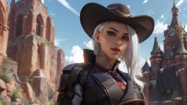 Ash from Overwatch with an old West-style castle in the background,  art 3d high detail ,  high quality , photo, realism в откровенной одежде, в полный рост эротика 18+ полуголая 21+