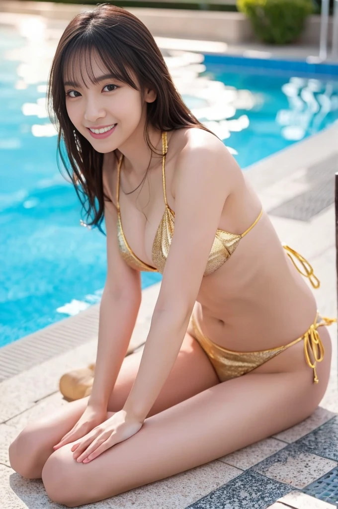 Beautiful woman, Japanese actress, ((gold bikini)), looking us, and ((little smiling)), {{walking on the pool in the midnight}}, (full body shot), incredibly detailed face, incredibly detailed beautiful eye, ((double eyelid)), glossy lips, ((focus on face)), ginger drill long hair, ((slender body)), masterpiece, beautiful legs, high quality, best quality, highly detailed, insanely detailed, ((8K))