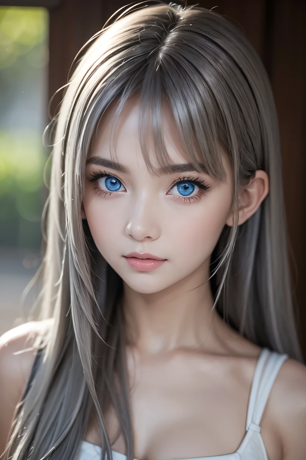 16k high quality wallpapers，Surrealist broken glass photo（Detailed eyes,Long eyelashes,Bright and colorful iris,Expressive eyebrows,Blend eyeshadow perfectly,Eyes sparkle,Reflective eyeballs，Heterochromia），（Silver-blue long-haired girl ， A lot of hair 1。3 Delicate hair 1。2）,（Long transparent dress，floral patterns：1.4，），（Gorgeous and delicate glowing little butterfly hair ornament，brilliant colorful，Fine engraving，Shine brightly，The attention to detail，The jewelry is of high quality，Extremely high image quality）White Skin Skin，Seductive smile emoji，Close-up shot