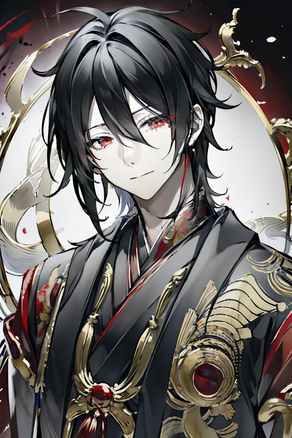 ((ultra-detailed , masterpiece, 4k)) mature man, anime, half-body portrait, black hair, fantasy-style japanese clothing, red background