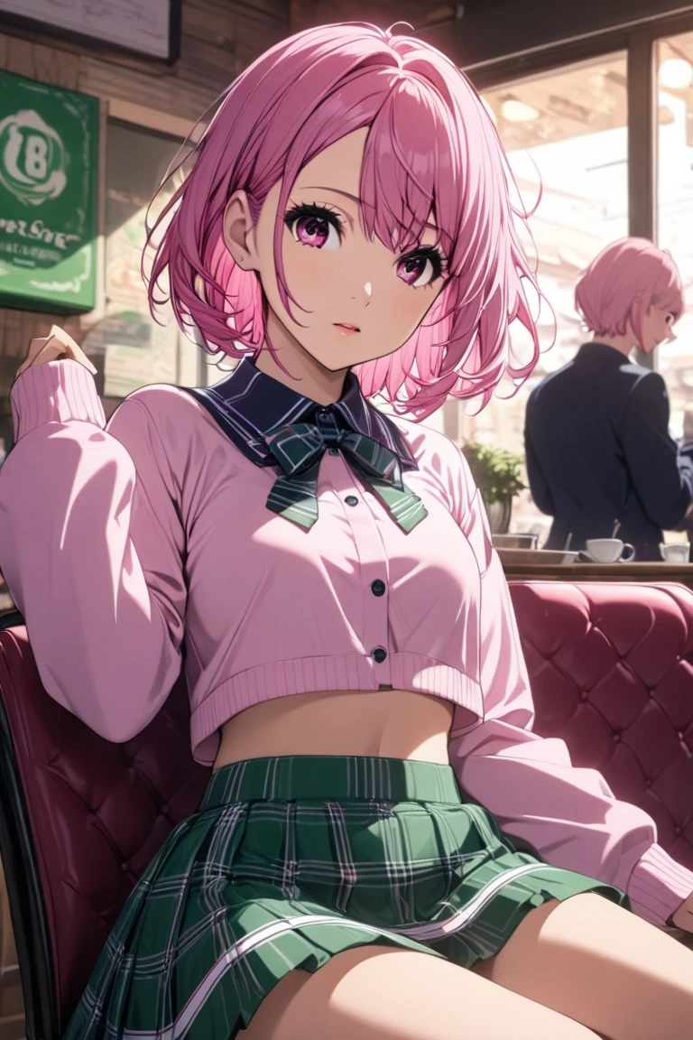 score_9, score_8_up, score_7_up, highest quality, high resolution, 1girl, Aira Shiratori, left bias asymmetrical short hair, silky hair, stupid hair, pink hair, pink eyes, masterpiece, highest quality, winter coord, cafe, sitting on chair, on date, low angle, Acrobatic angle, Sexy lingerie peeking out from skirt, Embarrassing, Midriff, Cowboy shot