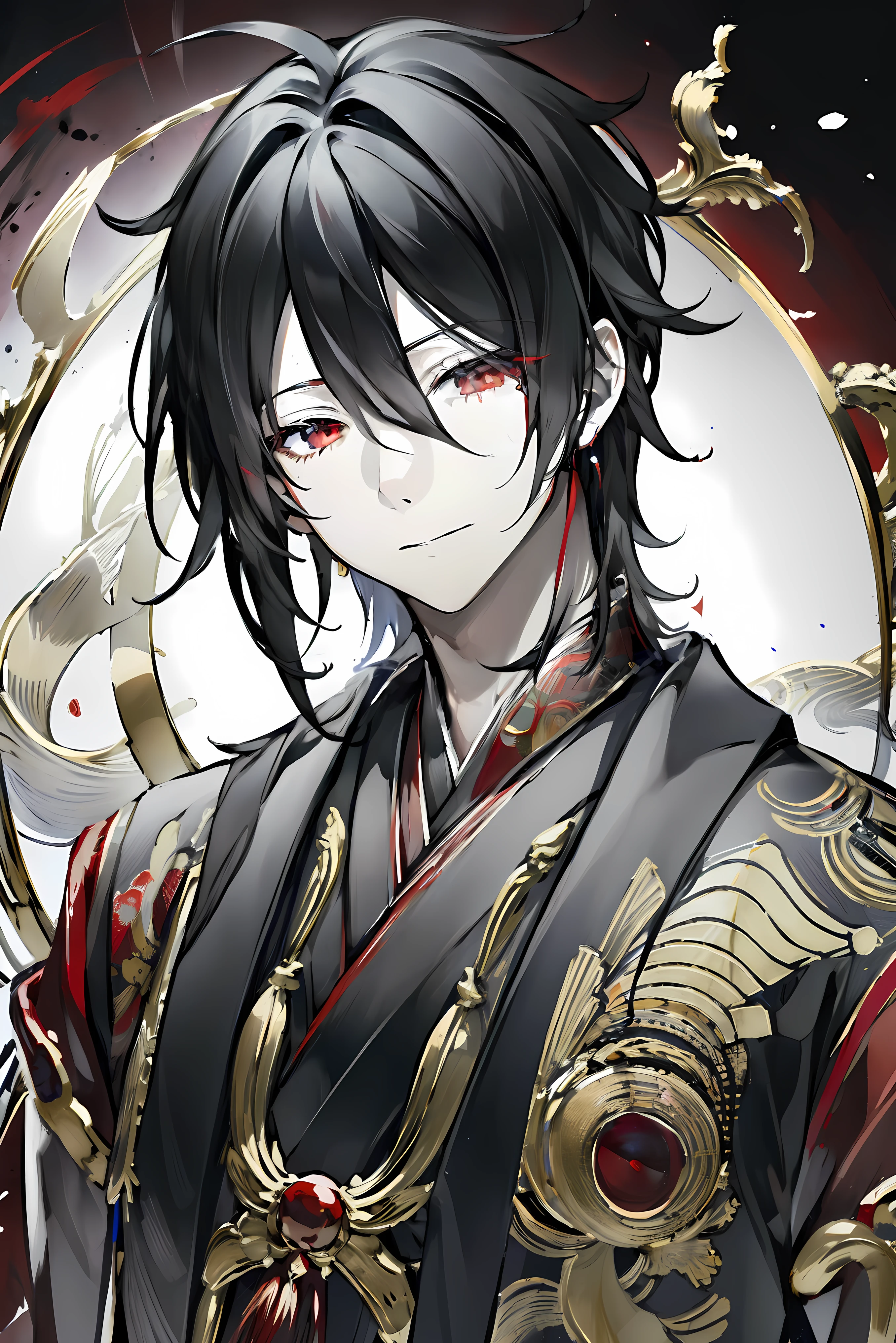 ((ultra-detailed , masterpiece, 4k)) mature man, anime, half-body portrait, black hair, fantasy-style japanese clothing, red background
