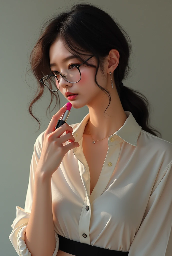 (( best quality)), ((傑 best quality、masterpiece、High sensitivity、 high definition 、 Details、 Delicate Facial Description)), Slender woman、Glasses、Shirt with round collar 、Micro Mini、 pink lipstick on right hand、 apply lipstick to lips 、