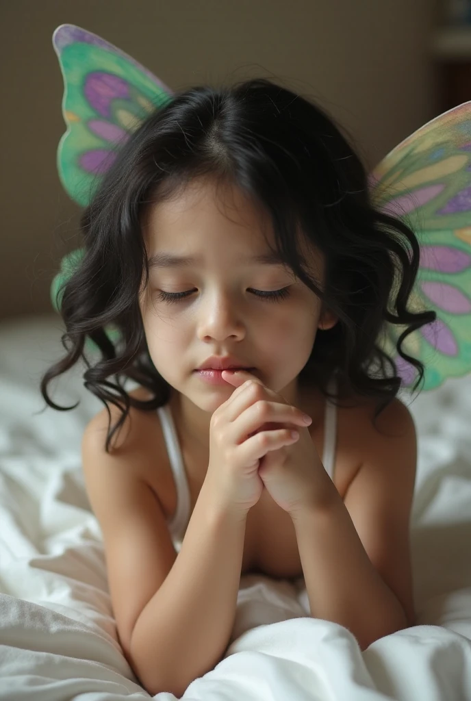 
a girl,  Transparent butterfly wings,  wavy black hair , desnuda,  white skin tone , cozy room,  small feet, She dwarf,  very thin , flat stomach, imagen realista, Hands tied behind the back, Girl lying in bed,  eyes closed ,  biting her lips , gesture of pleasure,  looking at the sky ... imagen realista...  full body 