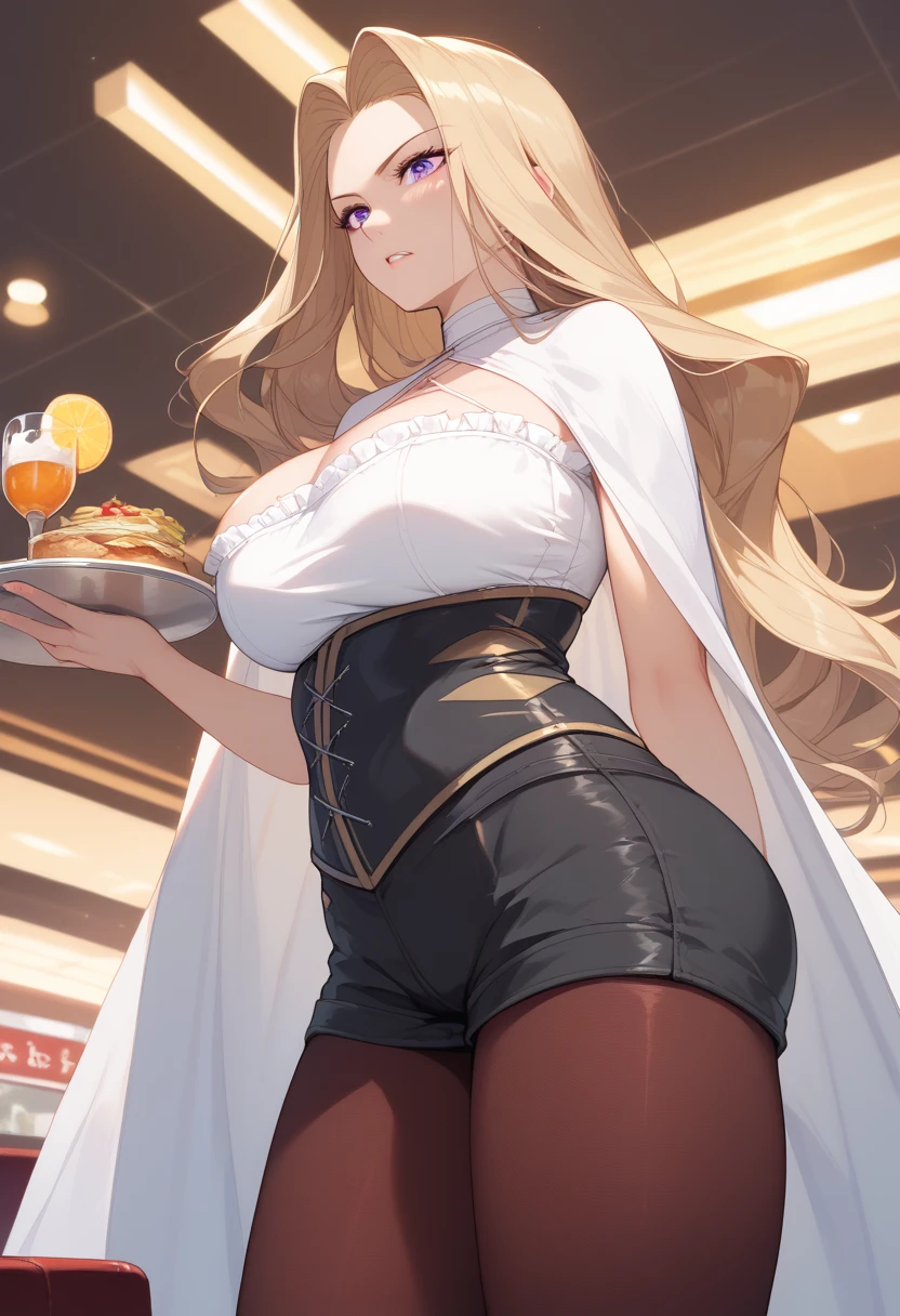 ((((MASTERPIECE)))), best quality, 2 girl, solo,Huge breasts,large ass,Sousou No Frieren,methode, purple eyes, hair intakes, long hair,corset, pantyhose, cape, black shorts,Beautiful attention to detail:1.2, (perfect hand, perfect anatomy), super detailed, beautiful face,restaurant,Frustrated,from below,look down