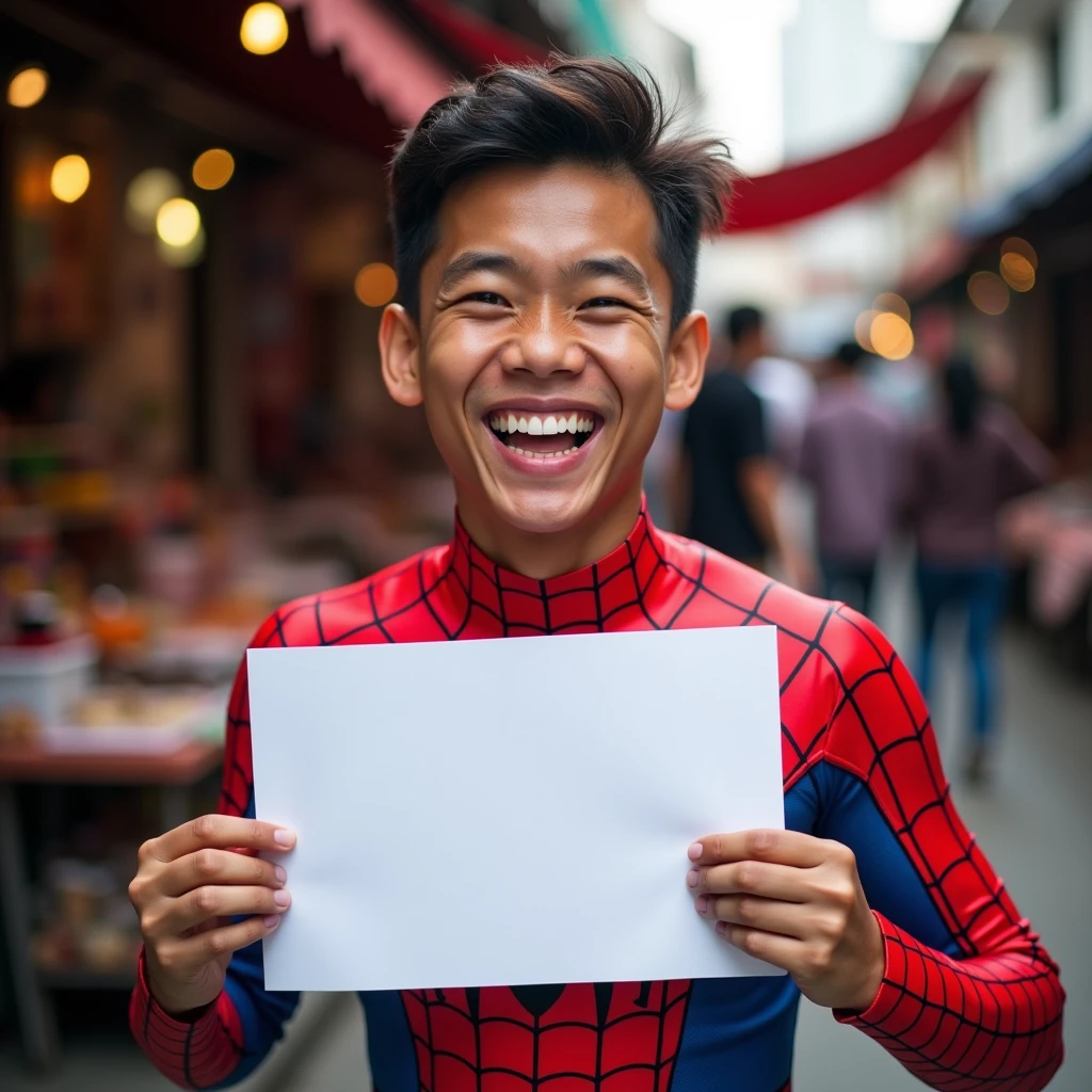 real photo. young man with Indonesian face wearing spiderman clothes. holding a blank whiteboard size 3:4 standing smiling in the middle of the streets of new york city. Ultra-realistic 8K photograph, shot with a Leica Q2, strong color contrast and sharp clarity --ar 9:16 --quality 2 --