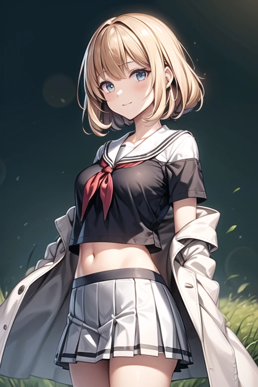 masterpiece,  best quality,  high definition , hm symbol,  1 girl , Striped Hair,uniform,  pleated skirt ,  jewelry, Short sleeve, White Skirt,  puffy short sleeve ,  sailor collar ,  ties,  sailor shirt,  cowboy shooting alone,  standing， wear gold decorations on a white and black coat， stand in front of a lawn background ， brown hair， off-the-shoulder outfit， crop top， black knee-high socks ，Sophisticate your face ，Coquettish look