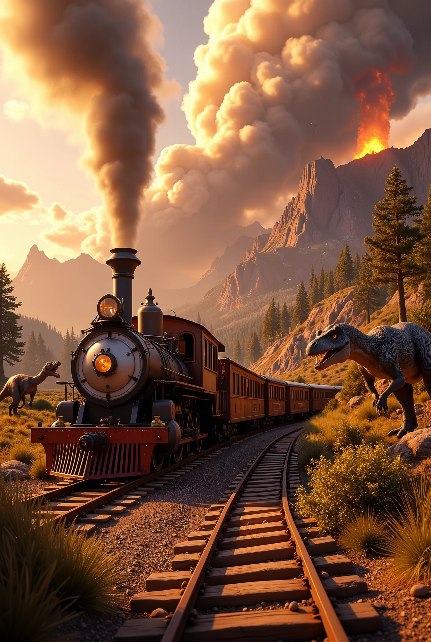 Top Quality, 16k, Incredibly Irrational, Highly Detailed, light particles, soft lighting, volumetric lighting, intricate details, finely detailed, Wild West, wooden train pulled by a steam locomotive, A train running through the wilderness of the American West, surrounded by dinosaurs, Steven Spielberg movie scene, 