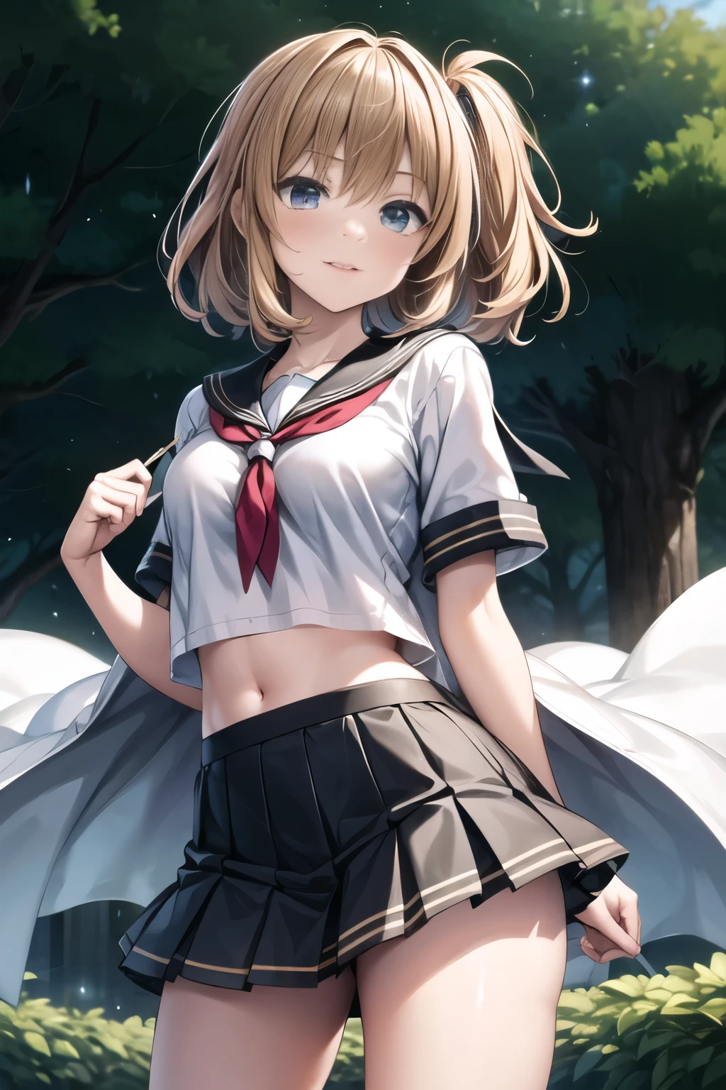 masterpiece, best quality, high definition , hm symbol, 1 girl , Striped Hair,uniform, pleated skirt , jewelry, Short sleeve, White Skirt, puffy short sleeve , sailor collar , ties, sailor shirt, cowboy shooting alone, standing, wear gold decorations on a white and black coat, stand in front of a lawn background , brown hair, off-the-shoulder outfit, crop top, black knee-high socks ,Sophisticate your face ,Coquettish look