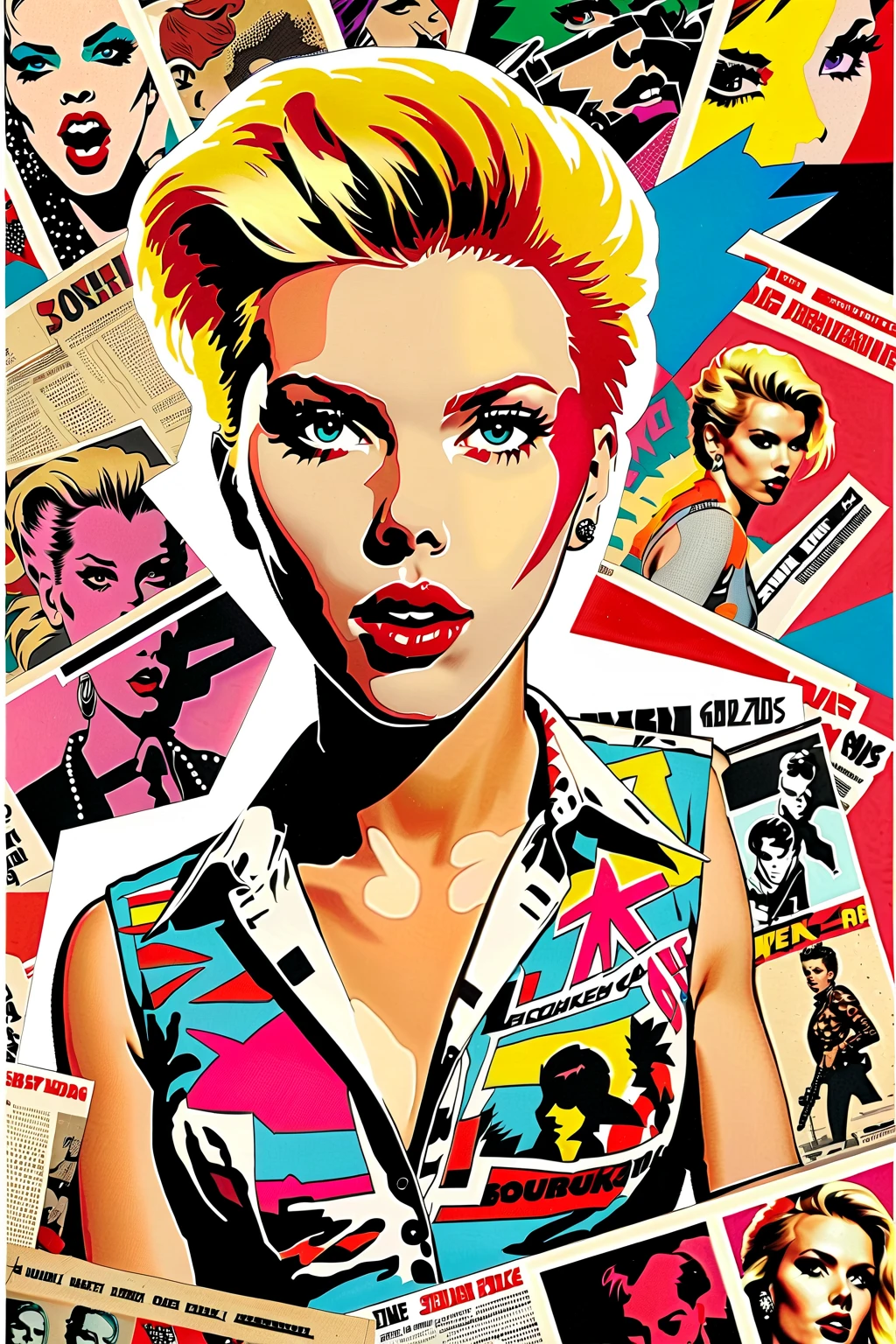 scarlett johansson Punk Collage 1980's rockstar comic book collage on a journal page colorful RGB color