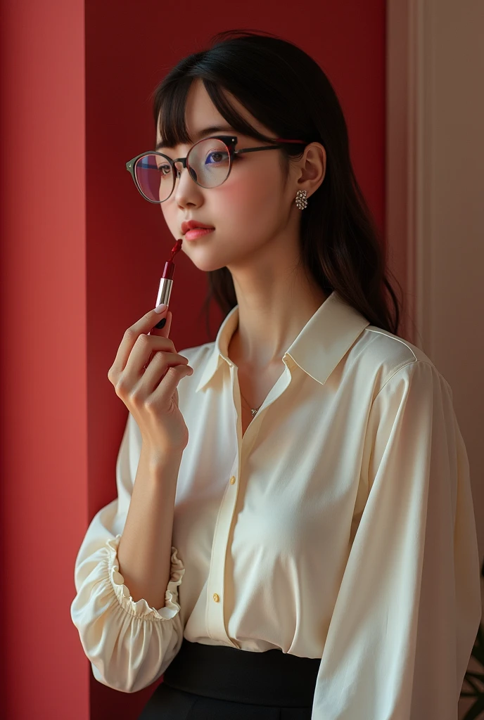 (( best quality)), ((傑 best quality、masterpiece、High sensitivity、 high definition 、 Details、 Delicate Facial Description)), Slender woman、Glasses、round-collared shirt、 micro miniskirt、 apply lipstick to lips 、