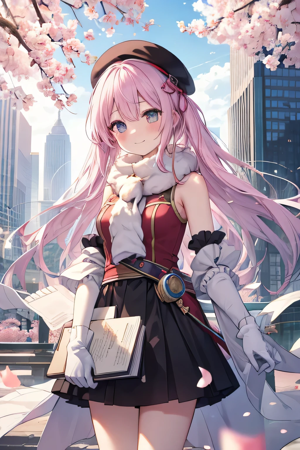 girl smiling, walking,  Straight hair , Invoking with his book (Effects,  Essence Cosmics), standing, city background, city background(Home), complete anatomy,  graphic effects , aura,  accessory with a flower on the head, Miku Priestess cosplay, Beret Blanco , primera persona,  white gloves, Black Pencil , blush, aura, Brilliant Summoning Circle,  sakura petals and leaves, primera persona, strong breeze , blush,  looking at the spectator , Charm, Pausa de toque ciego  looking at the spectator , 