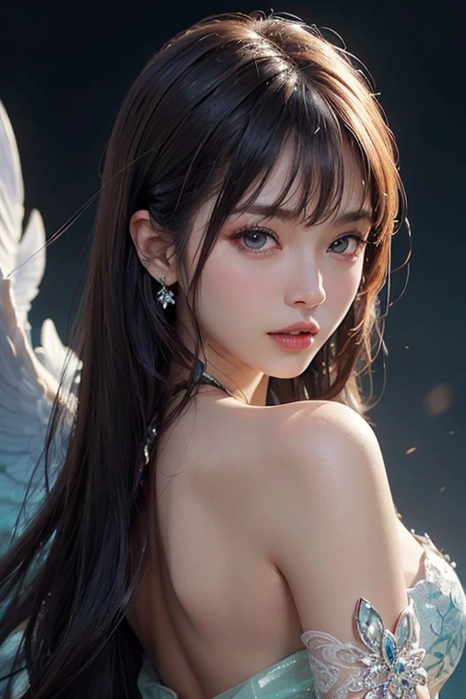4K Ultra HD, masterpiece, A girl with a magical aura, Nice face, Long Hair, Shiny Hair, fine grain, Glossy Lips, Nude 1.5, Aura around the body, Magical Effects, Spreading white light, Cosmic elements and ethereal atmosphere, A mix of bright lights and colorful nebulae, Space Background,, Full Body Capture.Whitening、Silver Hair、(((Naked and wearing white cloth 1.5)))、Hair and fabric blowing in the wind、(((Nude 1.5)))、(((Place your right hand on your mouth 1.4)))、Bust up photo、(((Feeling Ecstasy 1.85)))、Twin tail hair