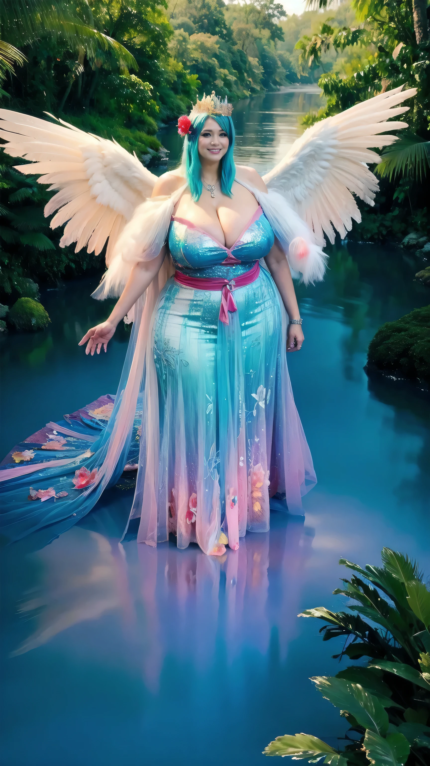 (Horible horror beauty)beautiful big wings on back shoulder,Middle-aged French tall and thick woman in misty fog forests river with beautiful big long wings, real natural big wing on back shoulder，forest freshwater river deep forest scenary, forest full with den fog and smoke, Indian background,gorgeous attractive tall and big woman,French faces, smiling and jumping,, beautiful diamond crown, realistic crown,Delicatemakeup，curvesious body tall and thick woman,Sexy and feminine，grin，Wrinkles at the corners of the eyes，with long braided hair, white and blue frock，loose skin，Large sagging breasts，Towering breasts，Thin waist with wide hips，White pearl Necklace,White heels，Tall and healthy，Stand up，Open posture, beautiful real big wings , unknown jungle forest full with fog and smoke, beautiful flowing fresh river water on background(area full with fog and darkness) horrible, horror