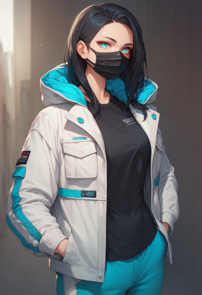 1girls, (black hair, long-straight hair, cyan eyes), (black face mask, white open-jacket, black shirt, blue joggers) (jacket hood up) (hand in pocket)