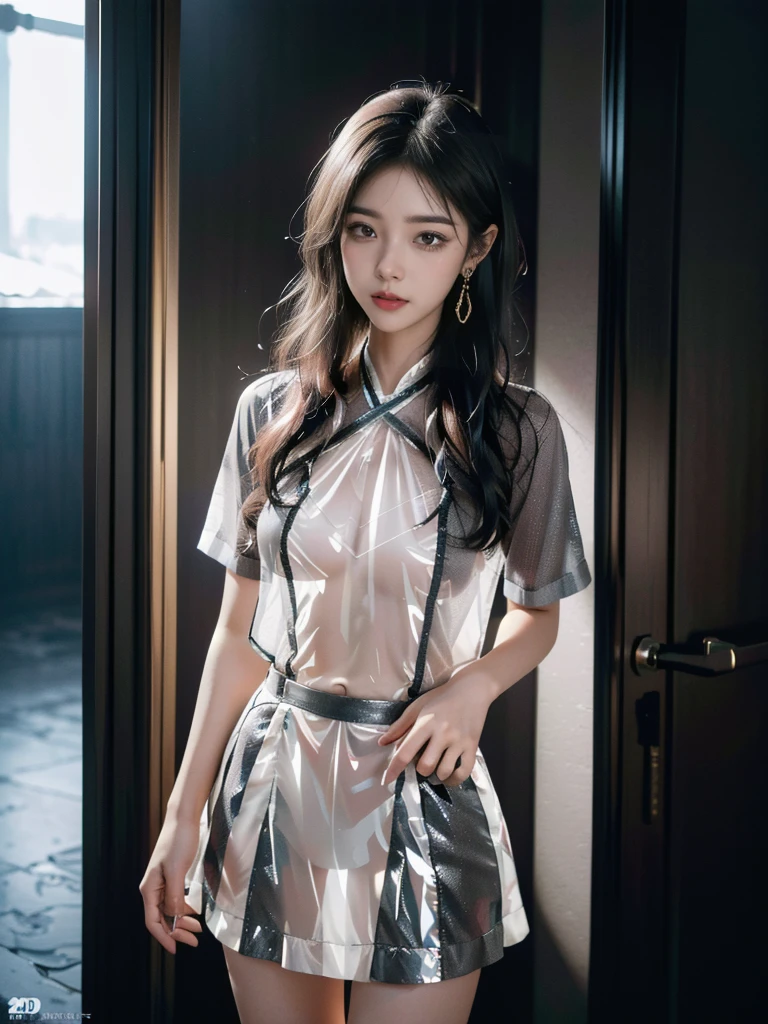 ((A woman)), 美丽脸庞的Sexy中国华裔美少女, light grey sea blue latex transparent short sleeve jacket, ((black nipple tape )), (( white transparent tulle skirt)), ((Beautiful Chinese girl showing off her black suspenders )),  (((Light theme, Exposing the subject, Sexy主题,  Cyberpunk Style )))
(( transparent clothes:1.5), ( exposed clothes : 1.5),  (Wet clothes:1.5), (((((Clothes Color: Light Gray))))), ((transparent sci-fi clothes ))), ((( transparent clothes看到里面的身材))),
 (((Winter night , An uninhabited environment, Outdoor parking, snow)))
((desktop:1.0), (最 high quality:1.0), ( high resolution:1.2), (Reality:1.0),(  Ultra HD:1.3))
((8K Ultra HD, 8K, 超 high resolution,  high resolution, 最 high quality,  high quality,  best image quality , Super Fine,   super clear,  clearly focuses ,  clear outline, masterpiece, Masterpieces, complete pattern, Detailed photos,  original photo, Delicate facial features, Well-defined, Highly rated works, Close-up depth of field photography,  above the knee , Symmetrical character)), 
((Creating the image of a real girl),  Realistic Shadow ,  soft natural light ,  Soft Lights ,  dynamic angle,  dynamic posture, Elegant Posture, Cowboy lens, Full body front view, full of confidence, Facing the camera, Eyes looking towards camera lens, (( standing position)), Open your legs slightly,  spread legs ,  golden ratio graphics ,  minimalism , Center the character), 
((Smile, Sexy的, Balanced Eyes,  Realistic eyes ,  Beautifully detailed eyes, Pretty Face , (Realistic face), Normal facial features,  Realistic skin , Pay attention to skin details,  clean and shiny skin , Full body glossy skin,  Fair Skin , Anatomically correct body,  golden ratio body , Sexy的身材, Detailed and realistic human body)), 
(Perfect makeup, Gloves, earrings, bracelet, necklace, Jewelry, Hair accessories, shawl, sock, Knee socks, 吊garter, Leg ring, garter, 腿部garter), 
(( beautiful hair ),  dark black hair , Wavy curly hairstyle, Waist-length hair, Messy Hairstyle, Gradient Hairstyle, Cyberpunk Hairstyle,  bangs), 
((Sexy的, Beautiful upturned breasts, Perfect breast shape, Teardrop chest shape, Snow-white breasts,  Very Detailed Breasts , 34D Cup , Realistic breasts, Realistic areola, Realistic nipples)), 
(Super high waist, Deep V, Low-cut, Sexy, Charming, Open crotch, (Clear camel toe, (High fork and genitals))),