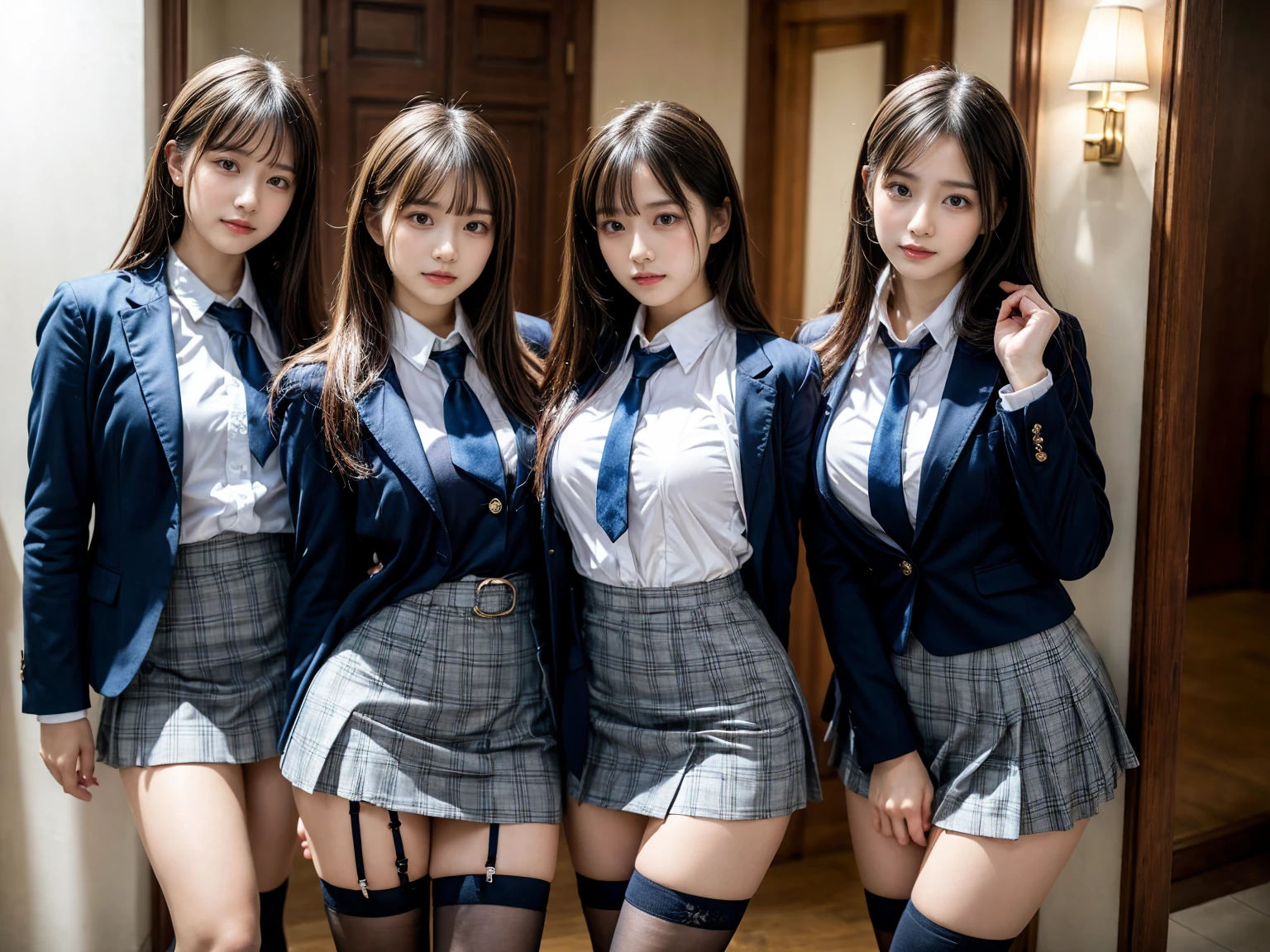 (8K, Raw photography, top-quality, ​masterpiece:1.2), master piece, best quality, illustration, Super detailed, fine details, High resolution, 8K,wall paper, perfect dynamic composition,(Details High quality, realistic depiction of eyes:1.3), ((2 girls, 2 schoolgirls)), The background is a luxury hotel room、High school girl uniform、blazer 、Super Short Check Uniform Skirt、Navy blue high socks、garterbelts、Colossal tits、Disturbed uniform, Play with each other,Touching each other's bodies,Touching the body of the girl next door, short bob hair, black hair color, huge breasts, Big Natural Color Lip, bold sexy pose, (perfect body shape), crying a little、cold gaze,  Beautiful makeup,glitter makeup,Cutest 18 years old, beautiful legs, hposing Gravure Idol, Voluptuous thighs
