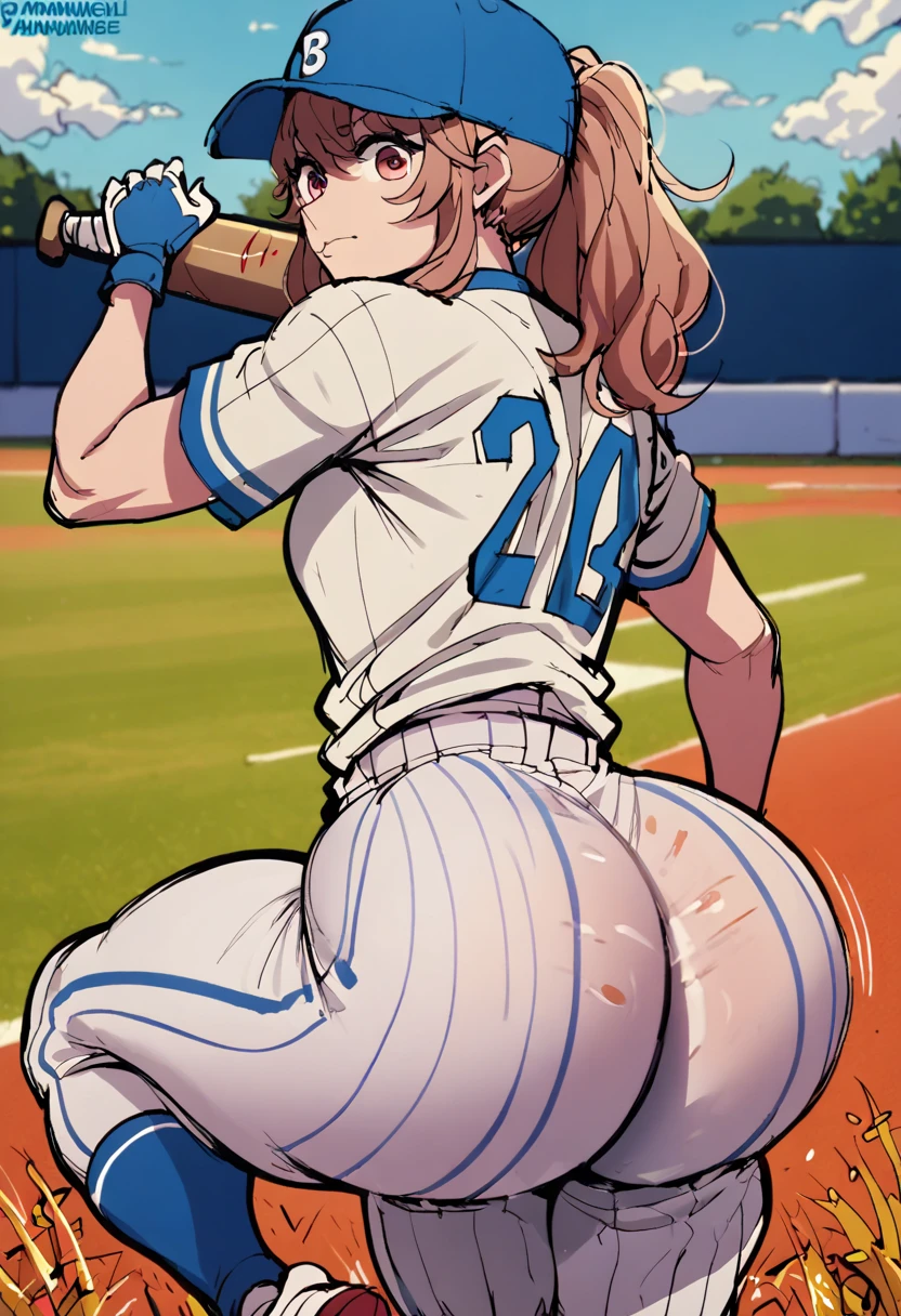 A high quality 2d sketch of a women name Miyako saitou that has long brown hair wearing a baseball uniform with a huge ass and thick thighs twerking on the field while looking back at the viewer in BlackWhiplash style
